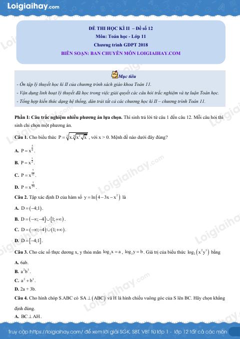 Đề thi học kì 2 Toán 11 - Đề số 12